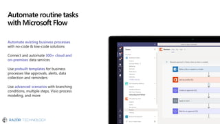 Automate existing business processes
with no-code & low-code solutions​
Connect and automate 300+ cloud and
on-premises data services
Use prebuilt templates for business
processes like approvals, alerts, data
collection and reminders
Use advanced scenarios with branching
conditions, multiple steps, Visio process
modeling, and more
Automate routine tasks
with Microsoft Flow
 