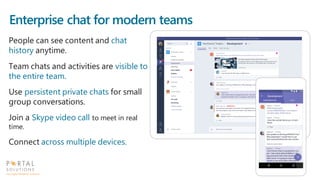 Enterprise chat for modern teams
People can see content and chat
history anytime.
Team chats and activities are visible to
the entire team.
Use persistent private chats for small
group conversations.
Join a Skype video call to meet in real
time.
Connect across multiple devices.
 