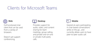 Full-functioned chat
client that can be used
from a variety of
browsers.
Doesn’t yet support
conferencing.
Desktop
Provides support for
audio, video, and content
sharing for team
meetings, group calling,
and private one-on-one
or private multi-party
calls.
Mobile
Geared at users participating
in chat-based conversations
while on the go , and
currently allows users to have
peer-to-peer audio call.
Clients for Microsoft Teams
Web
 