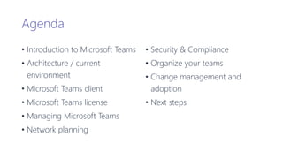 Agenda
• Introduction to Microsoft Teams
• Architecture / current
environment
• Microsoft Teams client
• Microsoft Teams license
• Managing Microsoft Teams
• Network planning
• Security & Compliance
• Organize your teams
• Change management and
adoption
• Next steps
 