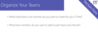 Organize Your Teams
• What initial teams and channels do you want to create for your IT Pilot?
• What team members do you want to add to each team and channel?
 