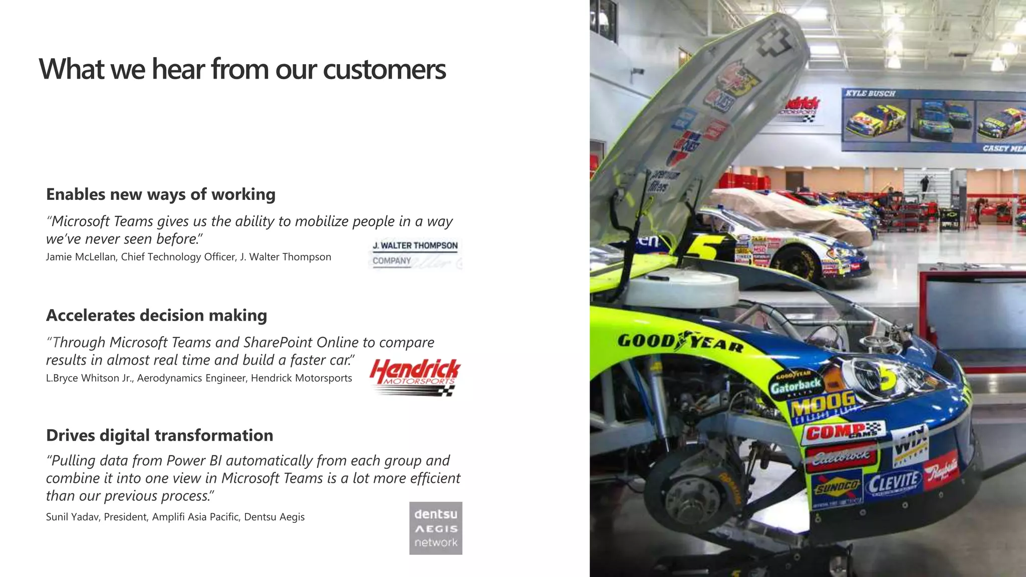 What we hear from our customers
“
“Through Microsoft Teams and SharePoint Online to compare
results in almost real time and build a faster car.”
“Pulling data from Power BI automatically from each group and
combine it into one view in Microsoft Teams is a lot more efficient
than our previous process.”
 