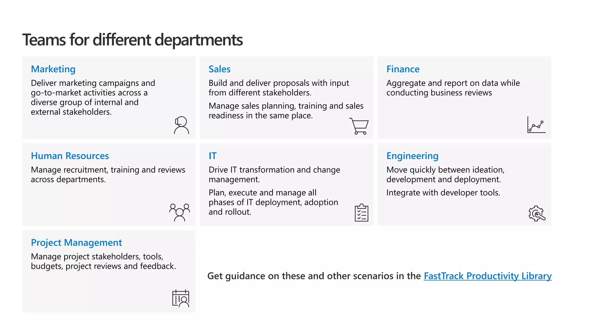 IT
Drive IT transformation and change
management.
Plan, execute and manage all
phases of IT deployment, adoption
and rollout.
Teams for different departments
Get guidance on these and other scenarios in the FastTrack Productivity Library
Engineering
Move quickly between ideation,
development and deployment.
Integrate with developer tools.
Finance
Aggregate and report on data while
conducting business reviews
Human Resources
Manage recruitment, training and reviews
across departments.
Marketing
Deliver marketing campaigns and
go-to-market activities across a
diverse group of internal and
external stakeholders.
Sales
Build and deliver proposals with input
from different stakeholders.
Manage sales planning, training and sales
readiness in the same place.
Project Management
Manage project stakeholders, tools,
budgets, project reviews and feedback.
 