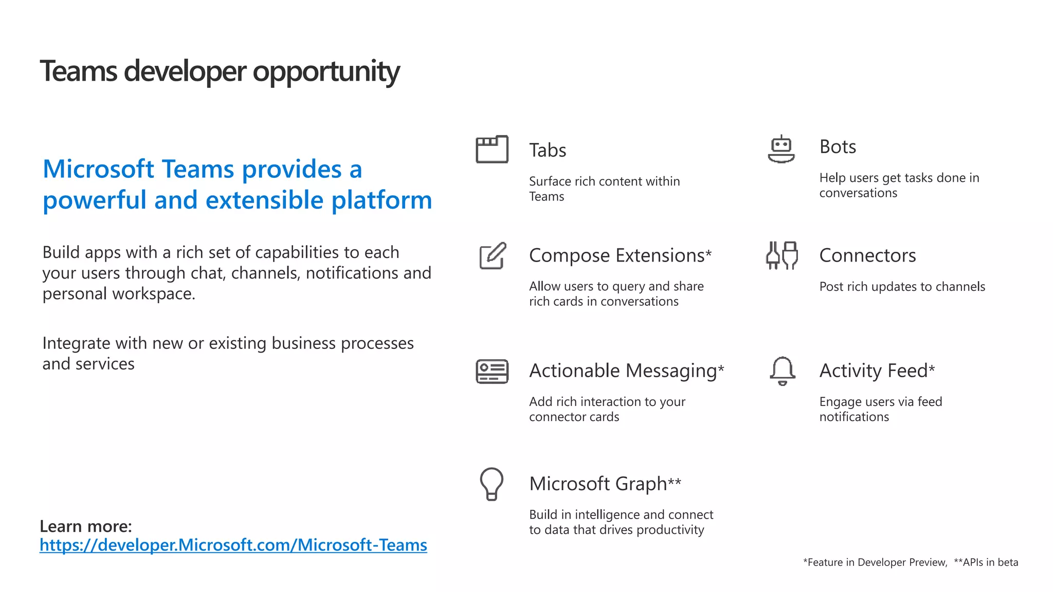 Teams developer opportunity
https://developer.Microsoft.com/Microsoft-Teams
Microsoft Teams provides a
powerful and extensible platform
Build apps with a rich set of capabilities to each
your users through chat, channels, notifications and
personal workspace.
Integrate with new or existing business processes
and services
Connectors
Post rich updates to channels
Activity Feed*
Engage users via feed
notifications
Bots
Help users get tasks done in
conversations
Actionable Messaging*
Add rich interaction to your
connector cards
Compose Extensions*
Allow users to query and share
rich cards in conversations
Tabs
Surface rich content within
Teams
Build in intelligence and connect
to data that drives productivity
Microsoft Graph**
 
