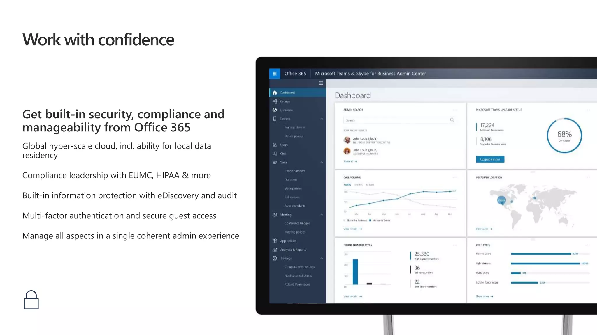 Work with confidence
Get built-in security, compliance and
manageability from Office 365
Global hyper-scale cloud, incl. ability for local data
residency
Compliance leadership with EUMC, HIPAA & more
Built-in information protection with eDiscovery and audit
Multi-factor authentication and secure guest access
Manage all aspects in a single coherent admin experience
 