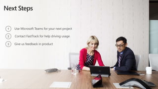 Next Steps
Use Microsoft Teams for your next project
Contact FastTrack for help driving usage
Give us feedback in product
1
2
3
 