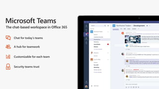 The chat-based workspace in Office 365
Customizable for each team
Security teams trust
A hub for teamwork
Chat for today’s teams
 