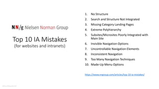 Top 10 IA Mistakes
(for websites and intranets)
1. No Structure
2. Search and Structure Not Integrated
3. Missing Category Landing Pages
4. Extreme Polyhierarchy
5. Subsites/Microsites Poorly Integrated with
Main Site
6. Invisible Navigation Options
7. Uncontrollable Navigation Elements
8. Inconsistent Navigation
9. Too Many Navigation Techniques
10. Made-Up Menu Options
https://www.nngroup.com/articles/top-10-ia-mistakes/
@buckleyplanet
 