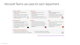 Microsoft Teams use cases for each department
https://docs.microsoft.com/en-us/microsoftteams/quick-start-enable-teams
@buckleyplanet
 