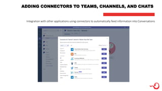 ADDING CONNECTORS TO TEAMS, CHANNELS, AND CHATS
Integration with other applications using connectors to automatically feed information into Conversations
 