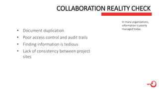 COLLABORATION REALITY CHECK
• Document duplication
• Poor access control and audit trails
• Finding information is tedious
• Lack of consistency between project
sites
In many organizations,
information is poorly
managed today
 