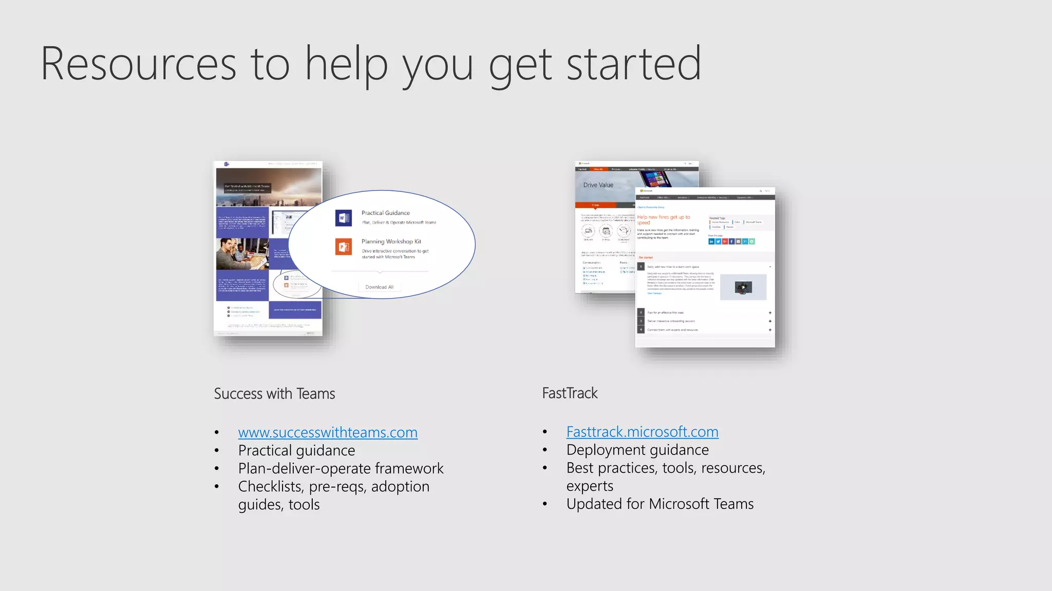 Resources to help you get started
Success with Teams
• www.successwithteams.com
• Practical guidance
• Plan-deliver-operate framework
• Checklists, pre-reqs, adoption
guides, tools
FastTrack
• Fasttrack.microsoft.com
• Deployment guidance
• Best practices, tools, resources,
experts
• Updated for Microsoft Teams
 