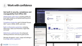 Workwithconfidence
Get built-in security, compliance and
manageability from Office 365
Global hyper-scale cloud, including ability for
local data residency and global peering points
for meeting join
Compliance leadership with EU Model Clauses,
SOC 1 and 2, HIPAA, GDPR, and more
Built-in information protection, including
eDiscovery, Data Loss Prevention, legal hold,
and audit
Multi-factor authentication for enhanced
identity protection and secure guest access
Manage all aspects—users, usage and settings—
In a single admin experience
 