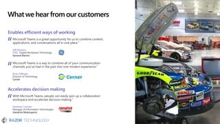 Whatwe hear fromourcustomers
Enables efficient ways of working
Microsoft Teams is a great opportunity for us to combine content,
applications, and conversations all in one place.”
Jeff Monaco
CTO - Digital Workplace Technology
General Electric
Microsoft Teams is a way to combine all of your communication
channels you’ve had in the past into one modern experience.”
Brian Gillespie
Director of Technology
Cerner
Accelerates decision making
With Microsoft Teams, people can easily spin up a collaboration
workspace and accelerate decision making.”
Matthew Cochran
Manager of Information Technologies
Hendrick Motorsports
 