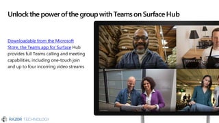 Unlockthe powerof the groupwith Teamson SurfaceHub
Downloadable from the Microsoft
Store, the Teams app for Surface Hub
provides full Teams calling and meeting
capabilities, including one-touch join
and up to four incoming video streams
 