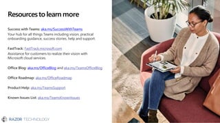 Resourcesto learnmore
Success with Teams: aka.ms/SuccessWithTeams
Your hub for all things Teams including vision, practical
onboarding guidance, success stories, help and support.
FastTrack: FastTrack.microsoft.com
Assistance for customers to realize their vision with
Microsoft cloud services.
Office Blog: aka.ms/OfficeBlog and aka.ms/TeamsOfficeBlog
Office Roadmap: aka.ms/OfficeRoadmap
Product Help: aka.ms/TeamsSupport
Known Issues List: aka.ms/TeamsKnownIssues
 
