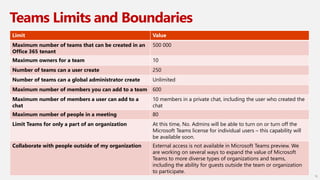 Teams Limits and Boundaries
12
Limit Value
Maximum number of teams that can be created in an
Office 365 tenant
500 000
Maximum owners for a team 10
Number of teams can a user create 250
Number of teams can a global administrator create Unlimited
Maximum number of members you can add to a team 600
Maximum number of members a user can add to a
chat
10 members in a private chat, including the user who created the
chat
Maximum number of people in a meeting 80
Limit Teams for only a part of an organization At this time, No. Admins will be able to turn on or turn off the
Microsoft Teams license for individual users – this capability will
be available soon.
Collaborate with people outside of my organization External access is not available in Microsoft Teams preview. We
are working on several ways to expand the value of Microsoft
Teams to more diverse types of organizations and teams,
including the ability for guests outside the team or organization
to participate.
 