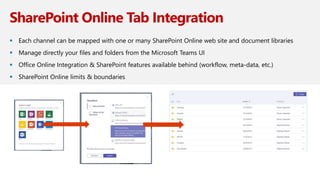 SharePoint Online Tab Integration
16
 Each channel can be mapped with one or many SharePoint Online web site and document libraries
 Manage directly your files and folders from the Microsoft Teams UI
 Office Online Integration & SharePoint features available behind (workflow, meta-data, etc.)
 SharePoint Online limits & boundaries
 