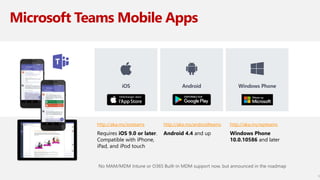 Microsoft Teams Mobile Apps
No MAM/MDM Intune or O365 Built-in MDM support now, but announced in the roadmap
5
http://aka.ms/iosteams
Requires iOS 9.0 or later.
Compatible with iPhone,
iPad, and iPod touch
http://aka.ms/androidteams
Android 4.4 and up
http://aka.ms/wpteams
Windows Phone
10.0.10586 and later
 