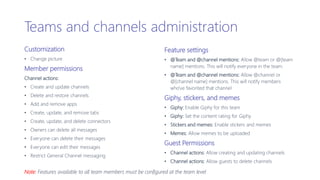 Teams and channels administration
Customization
• Change picture
Member permissions
Channel actions:
• Create and update channels
• Delete and restore channels
• Add and remove apps
• Create, update, and remove tabs
• Create, update, and delete connectors
• Owners can delete all messages
• Everyone can delete their messages
• Everyone can edit their messages
• Restrict General Channel messaging
Feature settings
• @Team and @channel mentions: Allow @team or @[team
name] mentions. This will notify everyone in the team.
• @Team and @channel mentions: Allow @channel or
@[channel name] mentions. This will notify members
who’ve favorited that channel
Giphy, stickers, and memes
• Giphy: Enable Giphy for this team
• Giphy: Set the content rating for Giphy
• Stickers and memes: Enable stickers and memes
• Memes: Allow memes to be uploaded
Guest Permissions
• Channel actions: Allow creating and updating channels
• Channel actions: Allow guests to delete channels
Note: Features available to all team members must be configured at the team level
 
