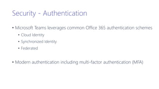 Security - Authentication
• Microsoft Teams leverages common Office 365 authentication schemes
• Cloud Identity
• Synchronized Identity
• Federated
• Modern authentication including multi-factor authentication (MFA)
 