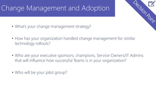 Change Management and Adoption
• What’s your change management strategy?
• How has your organization handled change management for similar
technology rollouts?
• Who are your executive sponsors, champions, Service Owners/IT Admins
that will influence how successful Teams is in your organization?
• Who will be your pilot group?
 