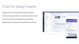 Chat for today’s teams
People can see content and chat history anytime
Team chats and activities are visible to the entire team
Use private chats for small group conversations
Mobile access on Android, iOS and Windows Phone
 