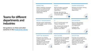 Teams for different
departments and
industries
Get guidance on these and other
scenarios in the Productivity Library
FIRSTLINE WORKERS
Empower your firstline
workforce with tools that will
support schedule
management and provide
oversight to what’s most
relevant to their day.
MARKETING
Deliver marketing campaigns
and go-to-market activities
across a diverse group of
internal and external
stakeholders.
PROJECT MANAGEMENT
Manage project stakeholders,
tools, budgets, project reviews
and feedback.
SALES
Build and deliver proposals
with input from different
stakeholders.
Manage sales planning,
training and sales readiness
in the same place.
IT
Drive IT transformation and
change management.
Plan, execute and manage all
phases of IT deployment,
adoption and rollout.
HEALTHCARE
Provide the best care possible
enabled by a secure platform
with secure messaging,
streamlined care coordination
and health team huddle
capabilities.
EDUCATION
Empower your students to
create the world of tomorrow
with a simple and safe
experience that promotes
teamwork and unlocks
creativity.
ENGINEERING
Move quickly between
ideation, development
and deployment.
Integrate with
developer tools.
HUMAN RESOURCES
Manage recruitment, training
and reviews across
departments.
 