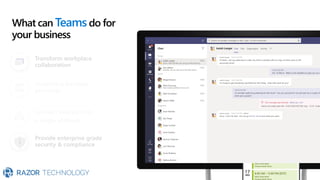 Transform workplace
collaboration
Streamline business
processes
Connect everyone on
a single platform
What can Teams do for
your business
Provide enterprise grade
security & compliance
 