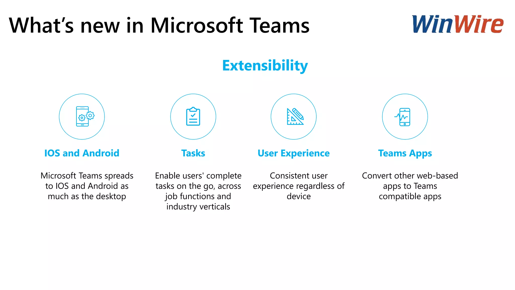 What’s new in Microsoft Teams
IOS and Android Tasks User Experience Teams Apps
Microsoft Teams spreads
to IOS and Android as
much as the desktop
Enable users' complete
tasks on the go, across
job functions and
industry verticals
Consistent user
experience regardless of
device
Convert other web-based
apps to Teams
compatible apps
Extensibility
 