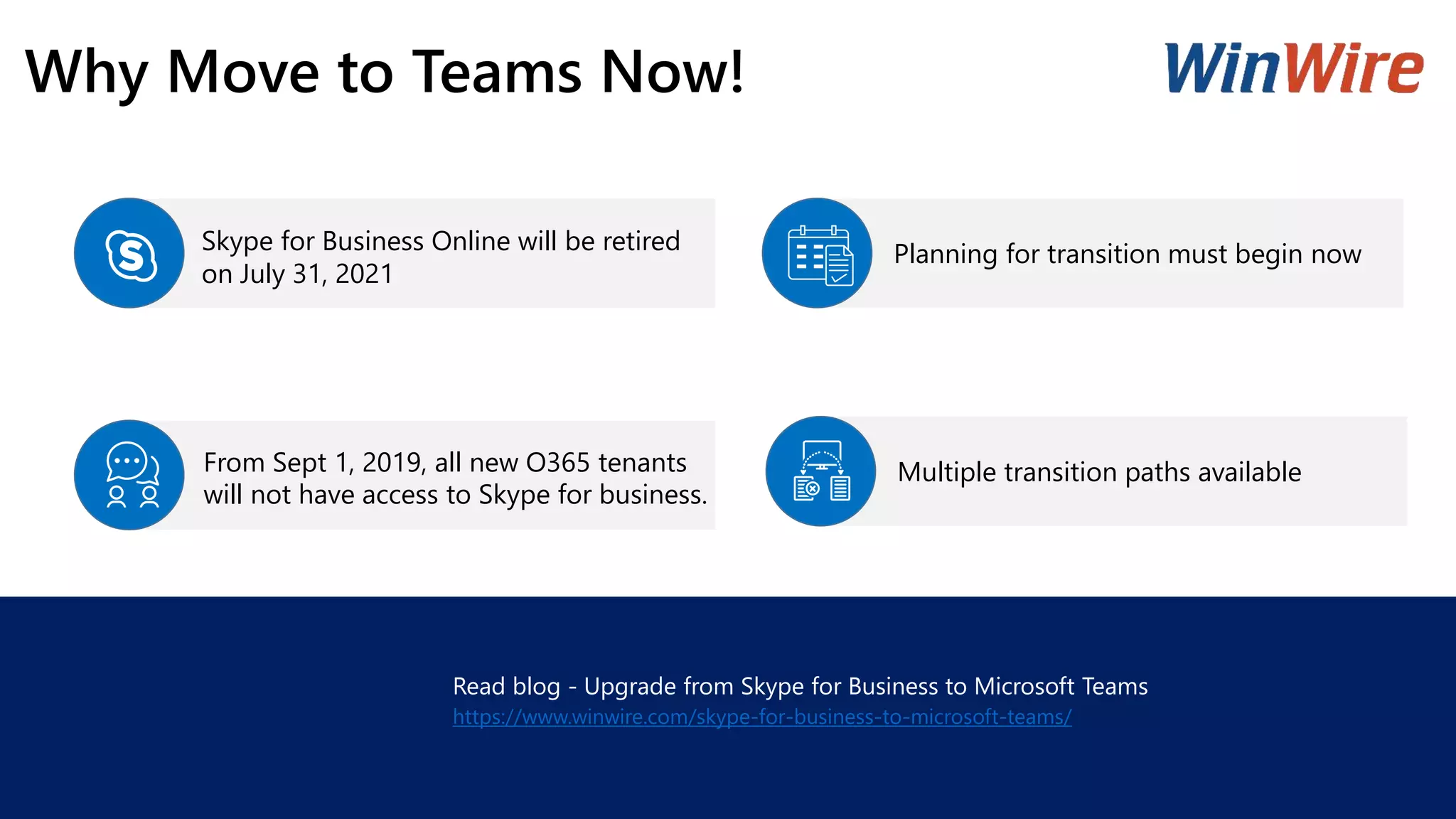 Why Move to Teams Now!
Skype for Business Online will be retired
on July 31, 2021
Planning for transition must begin now
Read blog - Upgrade from Skype for Business to Microsoft Teams
https://www.winwire.com/skype-for-business-to-microsoft-teams/
From Sept 1, 2019, all new O365 tenants
will not have access to Skype for business.
Multiple transition paths available
 