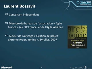 Laurent BossavitConsultant indépendantMembre du bureau de l’association « Agile France » (ex. XP France) et de l’Agile AllianceAuteur de l’ouvrage « Gestion de projet eXtremeProgramming », Eyrolles, 2007