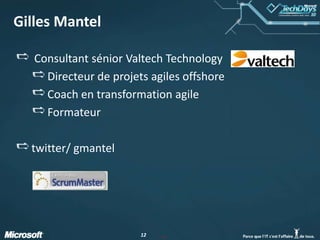  Consultant sénior Valtech TechnologyDirecteur de projets agiles offshoreCoach en transformation agileFormateur 	twitter/ gmantelGilles Mantel#12