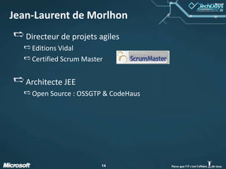 Jean-Laurent de MorlhonDirecteur de projets agilesEditions VidalCertified Scrum MasterArchitecte JEEOpen Source : OSSGTP & CodeHaus1414
