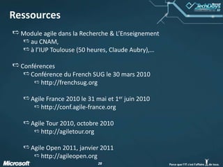 RessourcesModule agile dans la Recherche & L’Enseignement au CNAM, à l’IUP Toulouse (50 heures, Claude Aubry),…ConférencesConférence du French SUG le 30 mars 2010 http://frenchsug.orgAgile France 2010 le 31 mai et 1er juin 2010http://conf.agile-france.orgAgile Tour 2010, octobre 2010http://agiletour.orgAgile Open 2011, janvier 2011http://agileopen.org