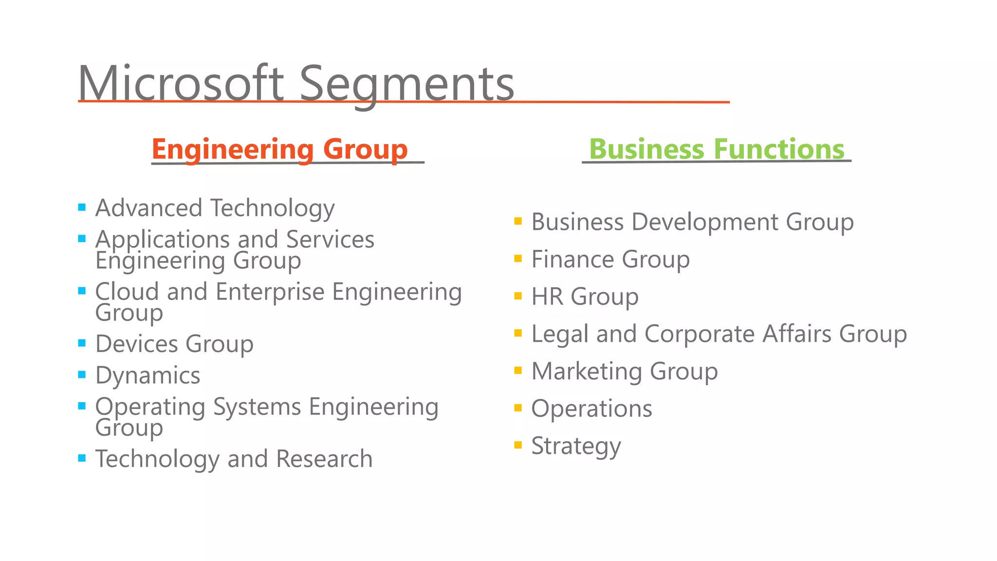 Microsoft Segments
Engineering Group
 Advanced Technology
 Applications and Services
Engineering Group
 Cloud and Enterprise Engineering
Group
 Devices Group
 Dynamics
 Operating Systems Engineering
Group
 Technology and Research
Business Functions
 Business Development Group
 Finance Group
 HR Group
 Legal and Corporate Affairs Group
 Marketing Group
 Operations
 Strategy
 