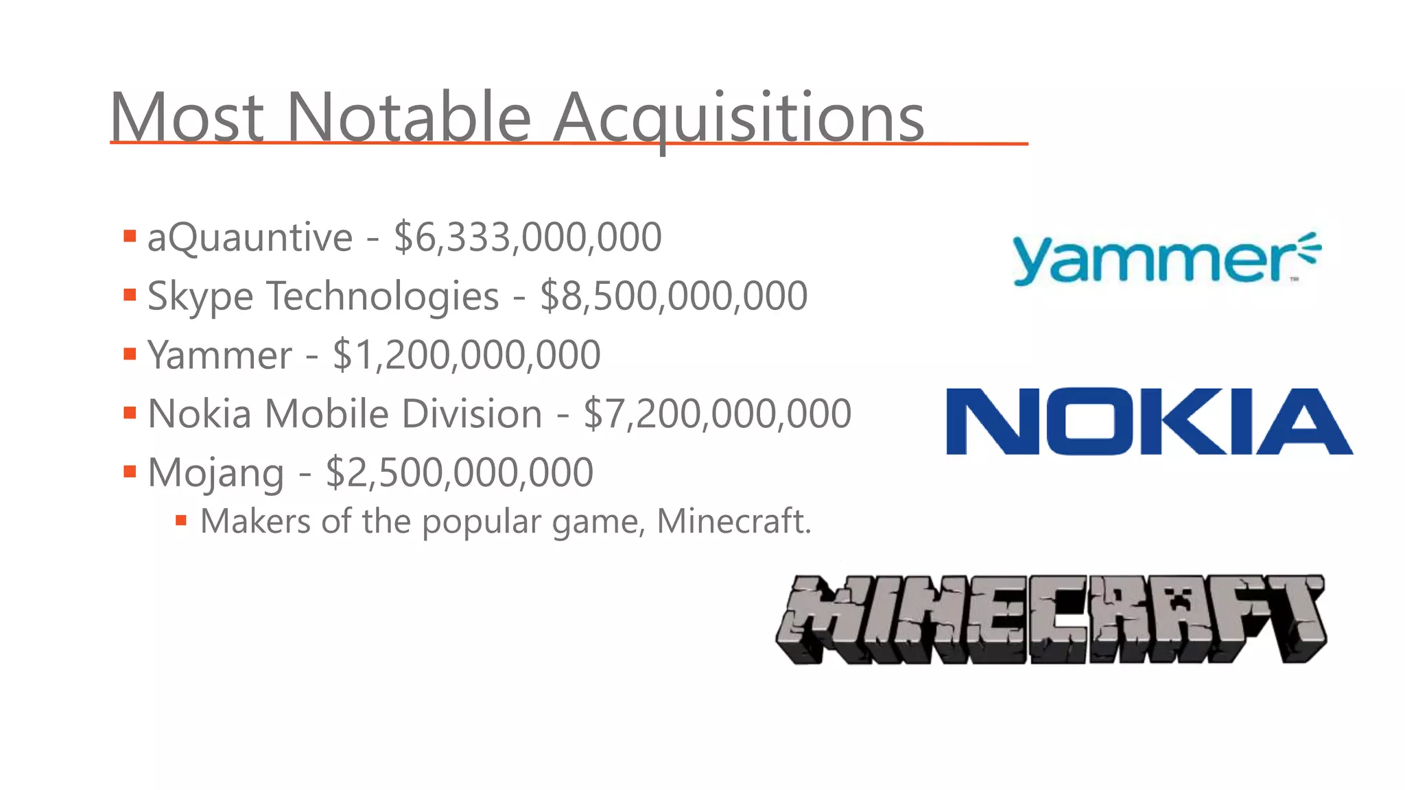 Most Notable Acquisitions
 aQuauntive - $6,333,000,000
 Skype Technologies - $8,500,000,000
 Yammer - $1,200,000,000
 Nokia Mobile Division - $7,200,000,000
 Mojang - $2,500,000,000
 Makers of the popular game, Minecraft.
 