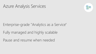Azure Analysis Services
Enterprise-grade "Analytics as a Service"
Fully managed and highly scalable
Pause and resume when needed
AS