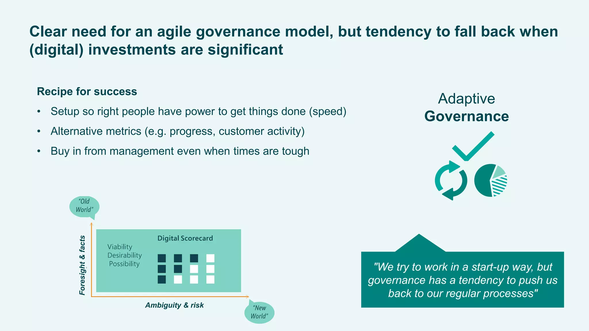 MerialGCDDigitalExperience2015
Clear need for an agile governance model, but tendency to fall back when
(digital) investments are significant
Adaptive
Governance
Recipe for success
• Setup so right people have power to get things done (speed)
• Alternative metrics (e.g. progress, customer activity)
• Buy in from management even when times are tough
Foresight&facts
Ambiguity & risk
"We try to work in a start-up way, but
governance has a tendency to push us
back to our regular processes"
 