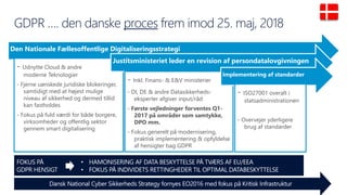 GDPR …. den danske proces frem imod 25. maj, 2018
Den Nationale Fællesoffentlige Digitaliseringsstrategi
- Udnytte Cloud & andre
moderne Teknologier
- Fjerne uønskede juridiske blokeringer,
samtidigt med at højest mulige
niveau af sikkerhed og dermed tillid
kan fastholdes
- Fokus på fuld værdi for både borgere,
virksomheder og offentlig sektor
gennem smart digitalisering
Justitsministeriet leder en revision af persondatalovgivningen
- Inkl. Finans- & E&V ministerier
- DI, DE & andre Datasikkerheds-
eksperter afgiver input/råd
- Første vejledninger forventes Q1-
2017 på områder som samtykke,
DPO mm.
- Fokus generelt på modernisering,
praktisk implementering & opfyldelse
af hensigter bag GDPR
Implementering af standarder
- ISO27001 overalt i
statsadministrationen
- Overvejer yderligere
brug af standarder
 