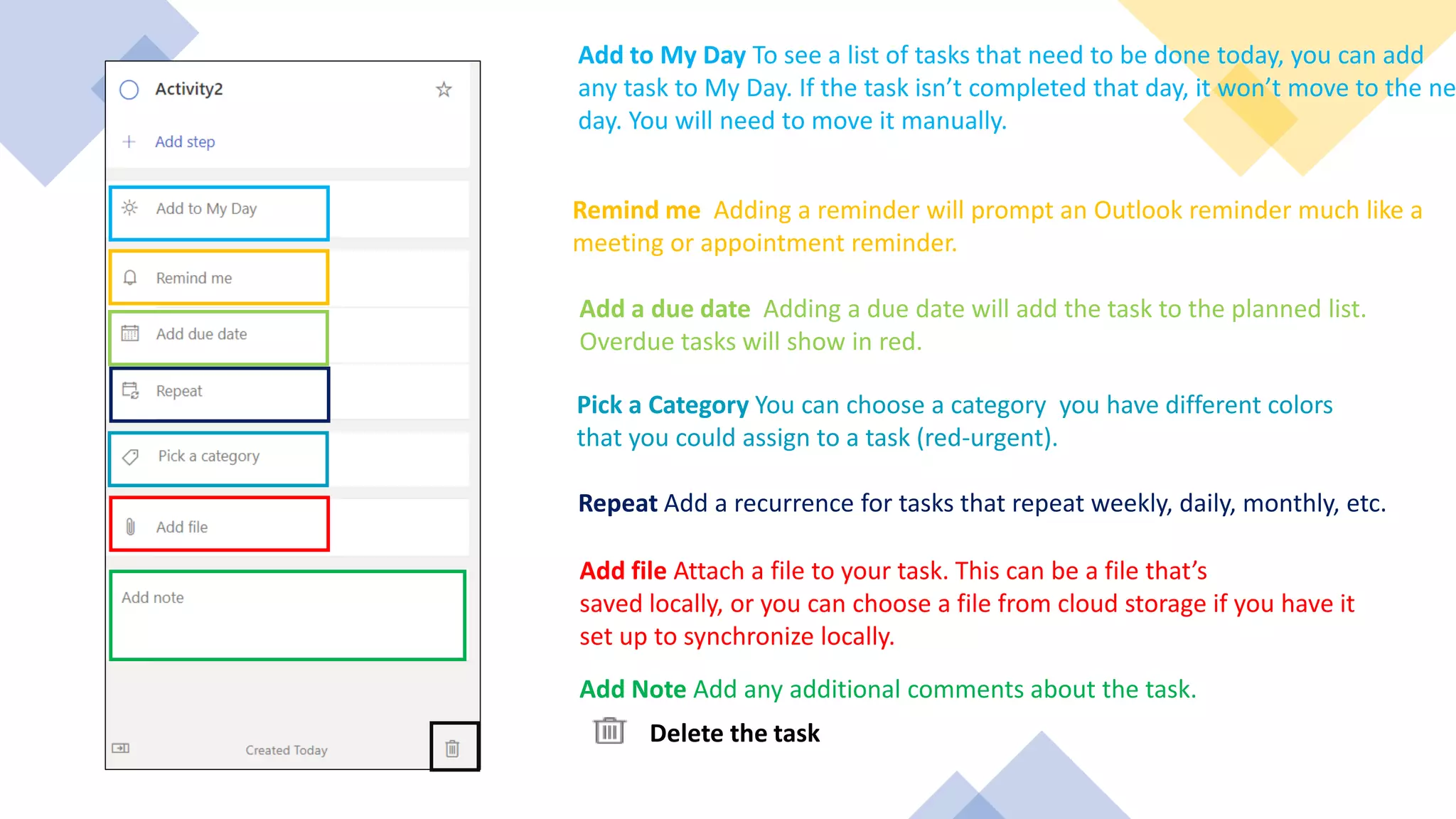 Add to My Day To see a list of tasks that need to be done today, you can add
any task to My Day. If the task isn’t completed that day, it won’t move to the ne
day. You will need to move it manually.
Remind me Adding a reminder will prompt an Outlook reminder much like a
meeting or appointment reminder.
Add a due date Adding a due date will add the task to the planned list.
Overdue tasks will show in red.
Repeat Add a recurrence for tasks that repeat weekly, daily, monthly, etc.
Add file Attach a file to your task. This can be a file that’s
saved locally, or you can choose a file from cloud storage if you have it
set up to synchronize locally.
Add Note Add any additional comments about the task.
Delete the task
Pick a Category You can choose a category you have different colors
that you could assign to a task (red-urgent).
 