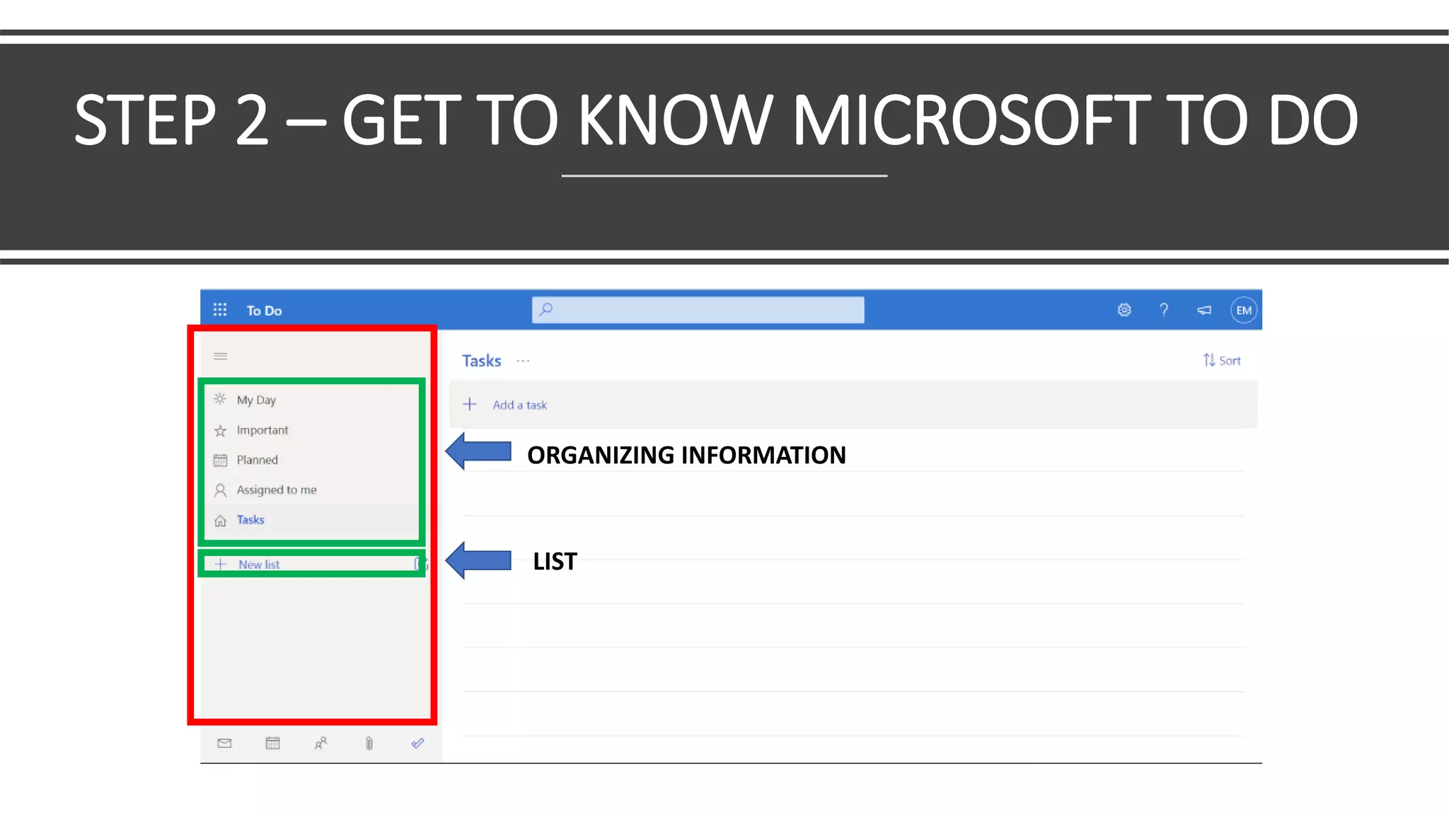 STEP 2 – GET TO KNOW MICROSOFT TO DO
ORGANIZING INFORMATION
LIST
 
