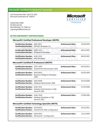 Last Activity Recorded : April 10, 2012
Microsoft Certification ID : 948397


JUNGCHAN HSIEH
PO BOX 833746
RICHARDSON, TX 75083 US
rogerdoger68@hotmail.com


ACTIVE MICROSOFT CERTIFICATIONS:

   Microsoft® Certified Professional Developer ﴾MCPD﴿

       Certification Number : A042-8911                          Achievement Date :   10/04/2009
       Certification/Version : ASP.NET Developer 3.5

       Certification Number : A182-3933                          Achievement Date :   08/25/2007
       Certification/Version : Windows® Developer

       Certification Number : A182-3932                          Achievement Date :   08/03/2007
       Certification/Version : Web Developer

   Microsoft® Certified IT Professional ﴾MCITP﴿

       Certification Number : D707-3867                          Achievement Date :   04/10/2012




                             ID: 948397
       Certification/Version : SharePoint® Administrator 2010

       Certification Number : A042-8910                          Achievement Date :   03/03/2009
       Certification/Version : Business Intelligence Developer
                               2008

       Certification Number : A042-8909                          Achievement Date :   02/19/2009
       Certification/Version : Database Administrator 2008

       Certification Number : A182-3931                          Achievement Date :   07/29/2006
       Certification/Version : Database Administrator on SQL
                               Server® 2005

       Certification Number : A182-3930                          Achievement Date :   07/08/2006
       Certification/Version : Database Developer on SQL
                               Server® 2005

   Microsoft® Certified Technology Specialist ﴾MCTS﴿

       Certification Number : D259-8021                          Achievement Date :   05/15/2011
       Certification/Version : SharePoint® 2010, Configuration

       Certification Number : A042-8914                          Achievement Date :   12/13/2009
       Certification/Version : Windows® 7, Configuration
 