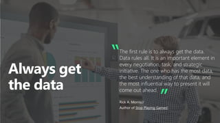 “The first rule is to always get the data.
Data rules all. It is an important element in
every negotiation, task, and strategic
initiative. The one who has the most data,
the best understanding of that data, and
the most influential way to present it will
come out ahead.
Rick A. Morris//
Author of Stop Playing Games!
”
 