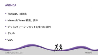 m365virtualmarathon.com #M365VM
AGENDA
 自己紹介、諸注意
 Microsoft Tunnel 概要、要件
 デモ (スクリーン ショットを使った説明)
 まとめ
 Q&A
 