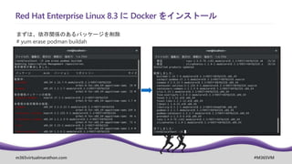 m365virtualmarathon.com #M365VM
Red Hat Enterprise Linux 8.3 に Docker をインストール
まずは、依存関係のあるパッケージを削除
# yum erase podman buildah
 