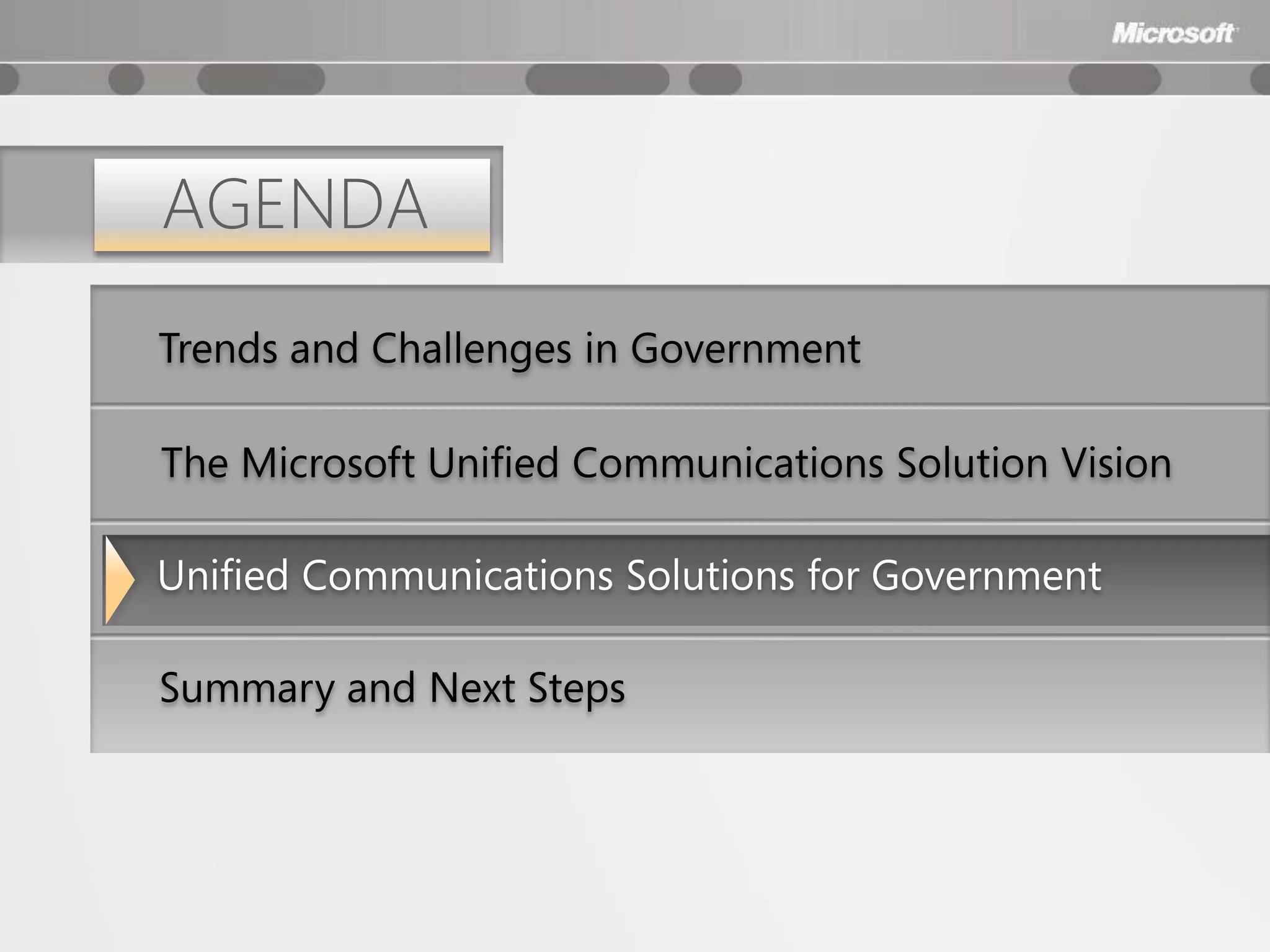 AGENDA
Trends and Challenges in Government

The Microsoft Unified Communications Solution Vision

Unified Communications Solutions for Government

Summary and Next Steps
 