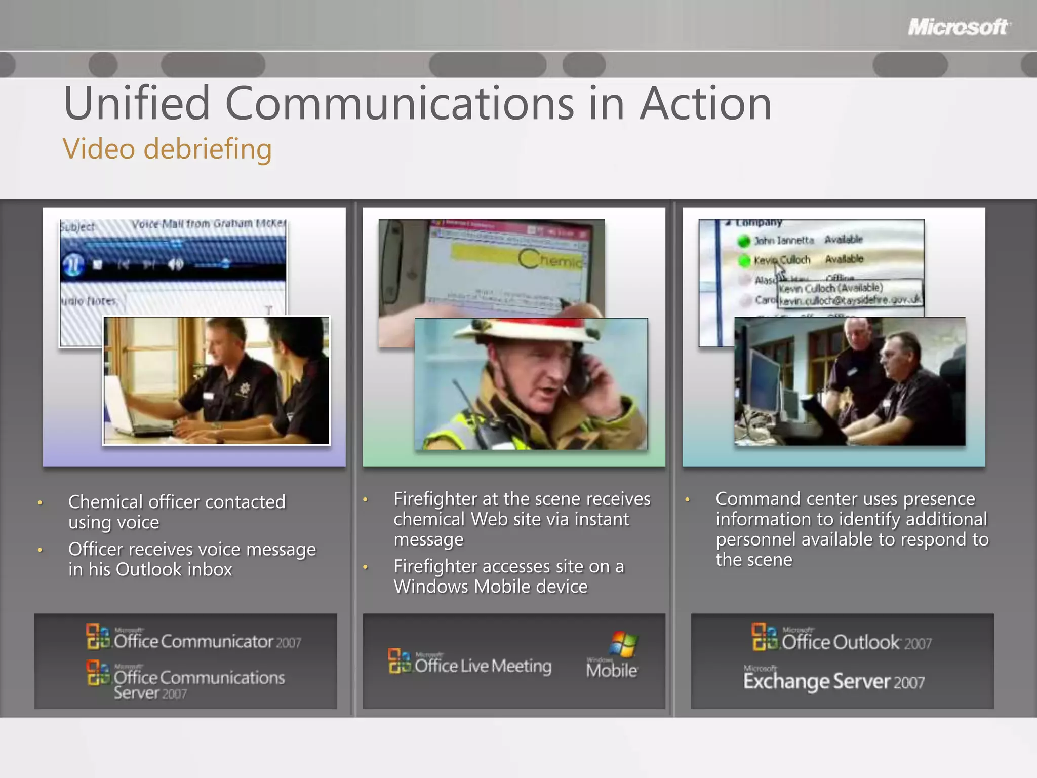 Unified Communications in Action
    Video debriefing




•   Chemical officer contacted       •   Firefighter at the scene receives   •   Command center uses presence
    using voice                          chemical Web site via instant           information to identify additional
                                         message                                 personnel available to respond to
•   Officer receives voice message
                                         Firefighter accesses site on a          the scene
    in his Outlook inbox             •
                                         Windows Mobile device
 
