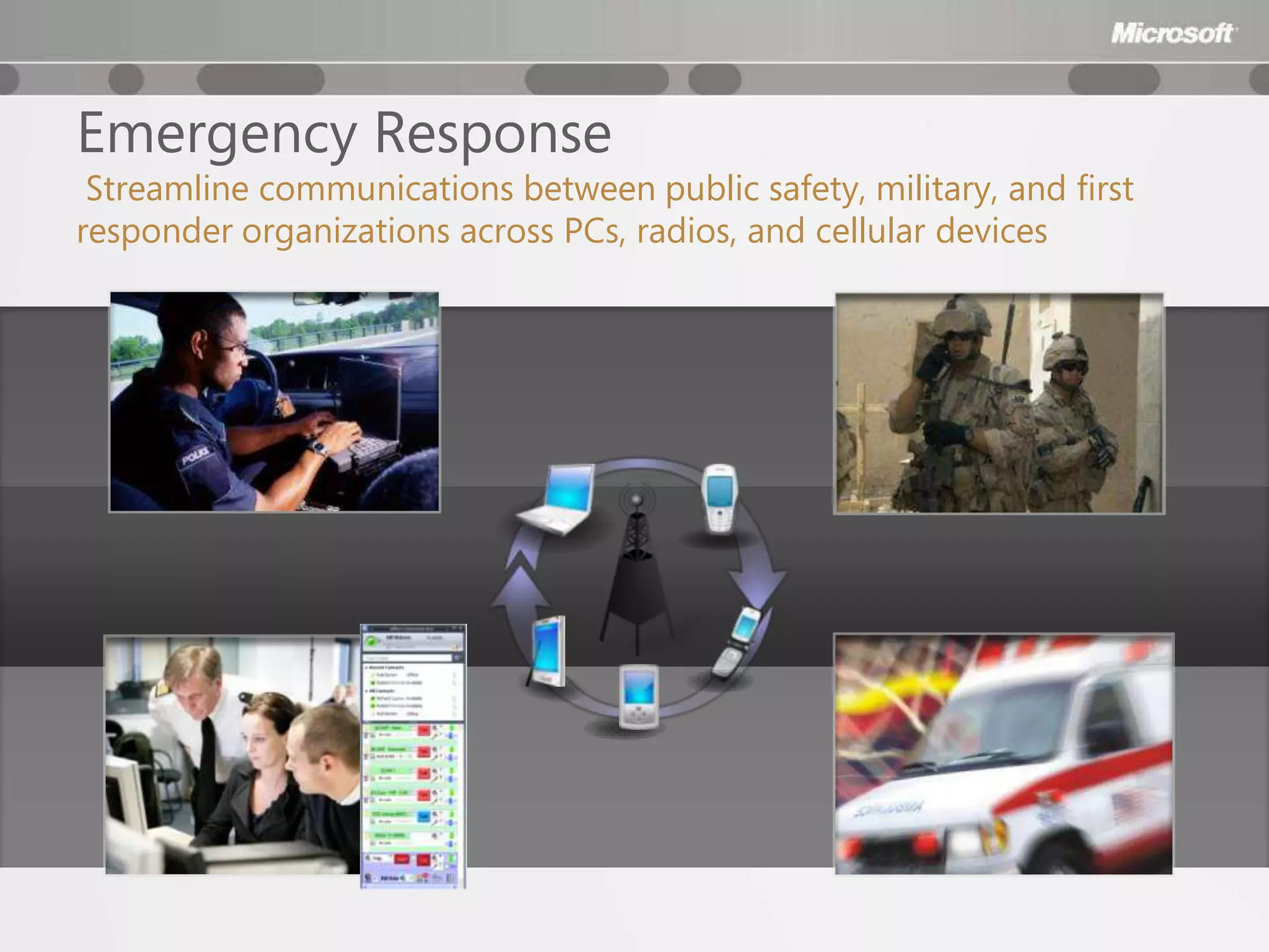 Emergency Response
 Streamline communications between public safety, military, and first
responder organizations across PCs, radios, and cellular devices
 