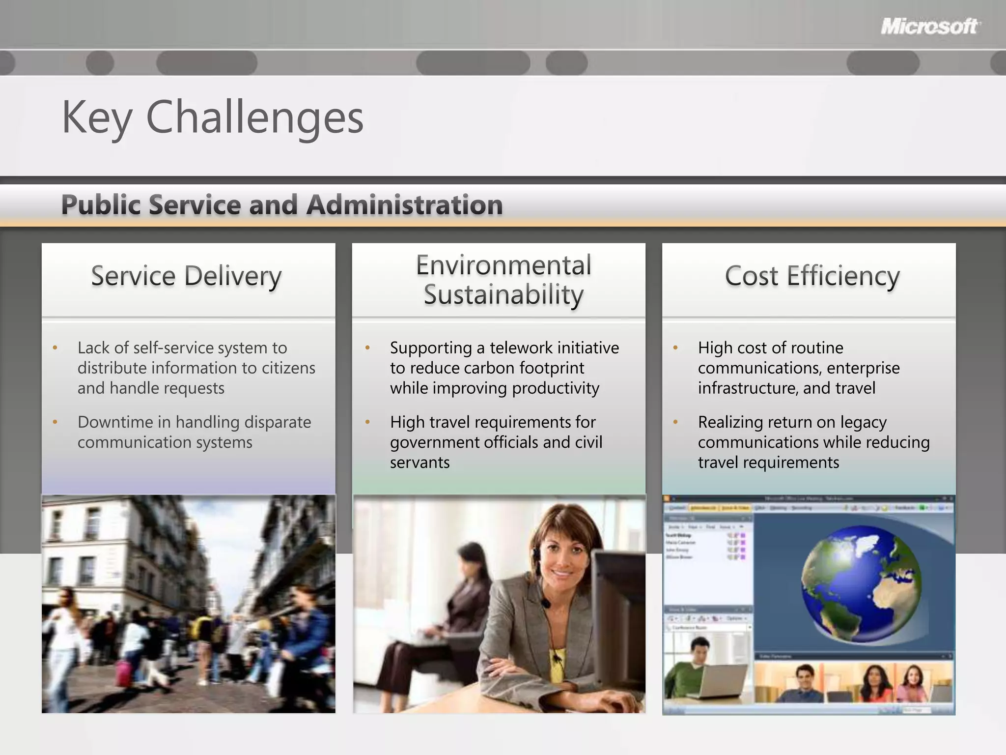 Key Challenges



•   Lack of self-service system to       •   Supporting a telework initiative   •   High cost of routine
    distribute information to citizens       to reduce carbon footprint             communications, enterprise
    and handle requests                      while improving productivity           infrastructure, and travel

•   Downtime in handling disparate       •   High travel requirements for       •   Realizing return on legacy
    communication systems                    government officials and civil         communications while reducing
                                             servants                               travel requirements
 
